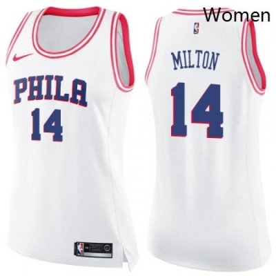 Womens Nike Philadelphia 76ers 14 Shake Milton Swingman White Pink Fashion NBA Jersey