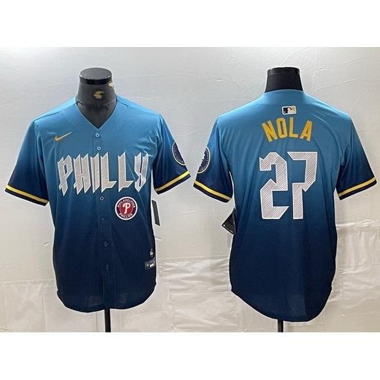 Men Philadelphia Phillies 27 Aaron Nola Blue 2024 City Connect Limited Stitched Baseball Jersey 3