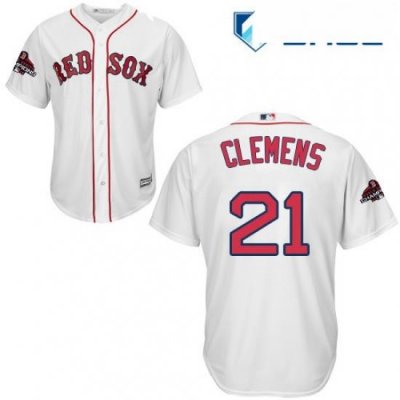 Youth Majestic Boston Red Sox 21 Roger Clemens Authentic White Home Cool Base 2018 World Series Champions MLB Jersey