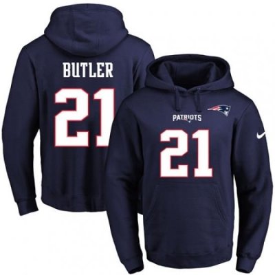 NFL Mens Nike New England Patriots 21 Malcolm Butler Navy Blue Name Number Pullover Hoodie