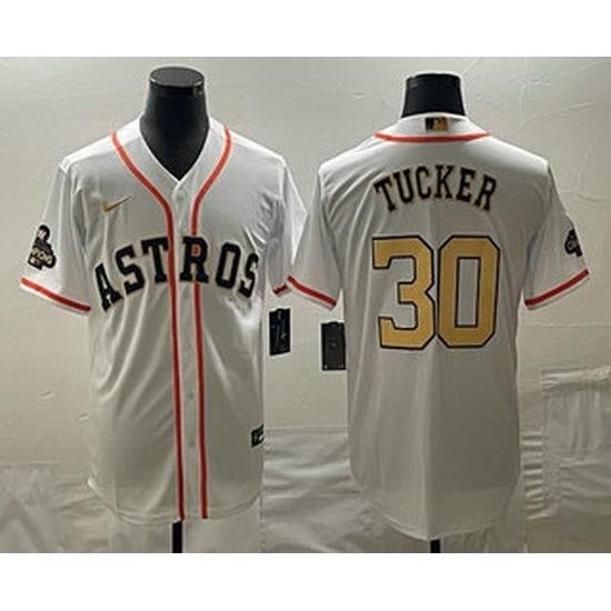 Men's Houston Astros #30 Kyle Tucker 2023 White Gold World Serise Champions Patch Cool Base Stitched Jersey