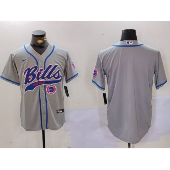 Men Buffalo Bills Grey Team Blank Cool Base Stitched Baseball Jersey 2