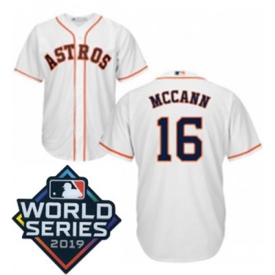 Mens Majestic Houston Astros 16 Brian McCann Replica White Home Cool Base Sitched 2019 World Series Patch Jersey