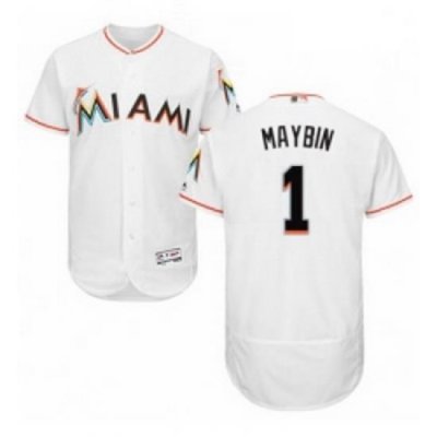 Mens Majestic Miami Marlins 1 Cameron Maybin White Home Flex Base Authentic Collection MLB Jersey