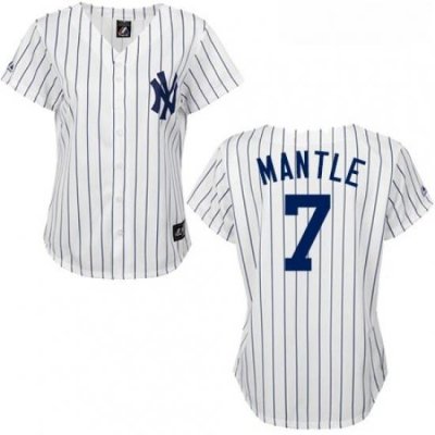 Womens Majestic New York Yankees 7 Mickey Mantle Replica WhiteBlack Strip MLB Jersey