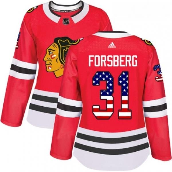 Womens Adidas Chicago Blackhawks 31 Anton Forsberg Authentic Red USA Flag Fashion NHL Jersey