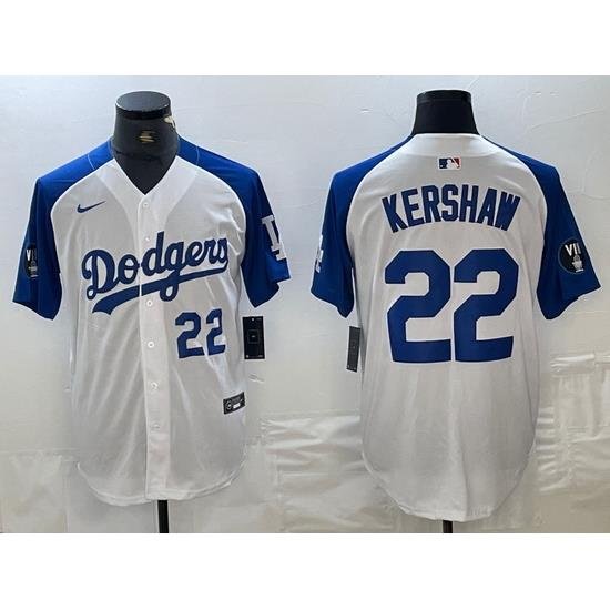 Men Los Angeles Dodgers 22 Clayton KershaW White Blue Vin Patch Cool Base Stitched Baseball Jersey 3