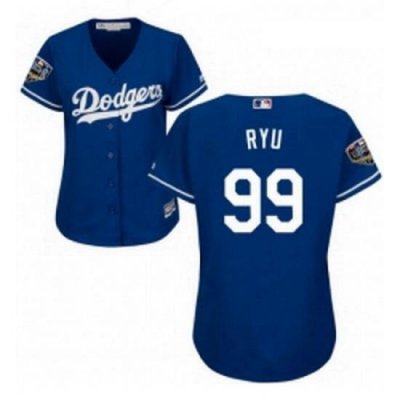 Womens Majestic Los Angeles Dodgers 99 Hyun Jin Ryu Authentic Royal Blue Alternate Cool Base 2018 World Series MLB Jersey