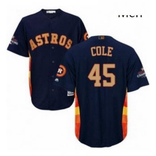 Mens Majestic Houston Astros 45 Gerrit Cole Replica Navy Blue Alternate 2018 Gold Program Cool Base MLB Jersey