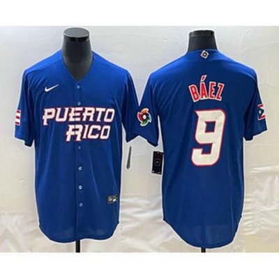 Men's Puerto Rico Baseball #9 Javier Baez 2023 Blue World Baseball Classic Stitched Jerseys