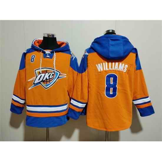 Men Oklahoma City Thunder 8 Jalen Williams Orange Blue Lace Up Pullover Hoodie