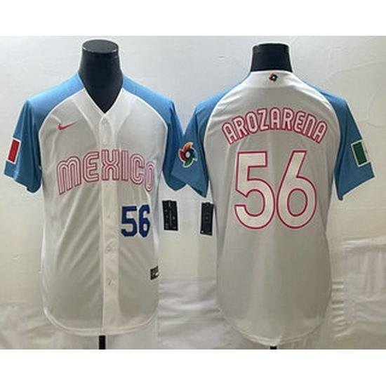 Men's Mexico Baseball #56 Randy Arozarena Number 2023 White Blue World Classic Stitched Jerseys