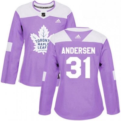 Womens Adidas Toronto Maple Leafs 31 Frederik Andersen Authentic Purple Fights Cancer Practice NHL Jersey