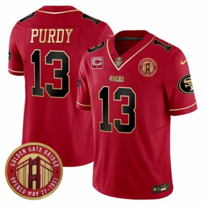 Men San Francisco 49ers 13 Brock Purdy Red F U S E  Golden Gate Bridge With 1 Star C Patch Scarlet Vapor Limited Stitched Football Jersey