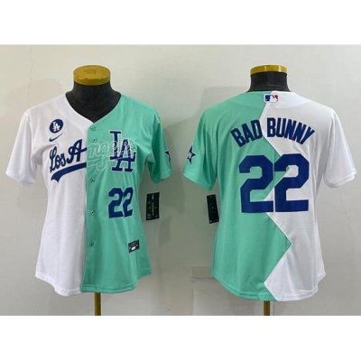 Women Los Angeles Dodgers 22 Bad Bunny 2022 All Star White Green Split Stitched Baseball Jersey 28Run Small 29