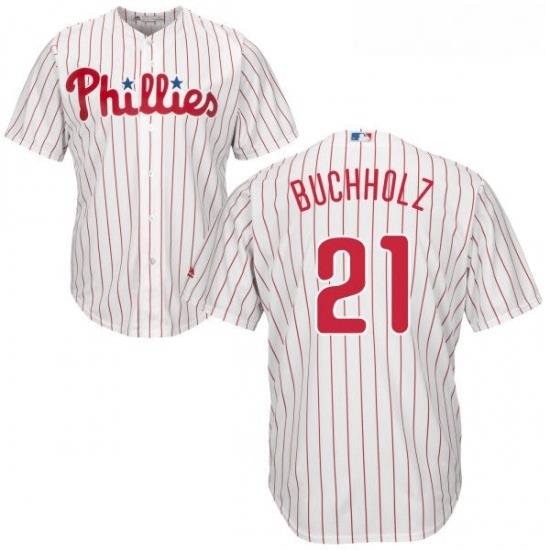 Youth Majestic Philadelphia Phillies 21 Clay Buchholz Replica WhiteRed Strip Home Cool Base MLB Jersey