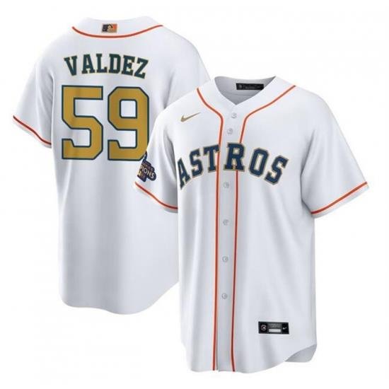 Men Houston Astros 59 Framber Valdez White Gold Cool Base Stitched Baseball Jersey