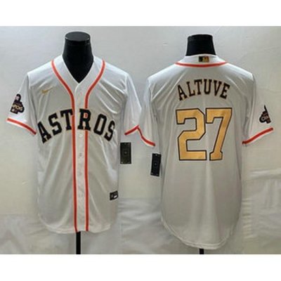 Men's Houston Astros #27 Jose Altuve 2023 White Gold World Serise Champions Patch Cool Base Stitched Jersey