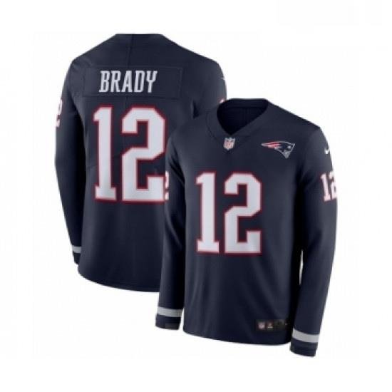 Mens Nike New England Patriots 12 Tom Brady Limited Navy Blue Therma Long Sleeve NFL Jersey