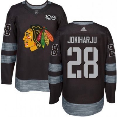 Mens Adidas Chicago Blackhawks 28 Henri Jokiharju Authentic Black 1917 2017 100th Anniversary NHL Jersey