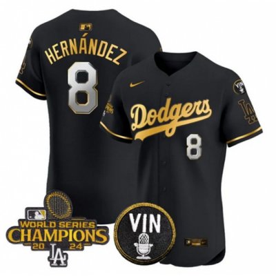 Men Los Angeles Dodgers 8 Enrique Hernandez Black Gold 2024 World Series Champions With Vin Patch Vapor Limited Stitched Baseball Jersey