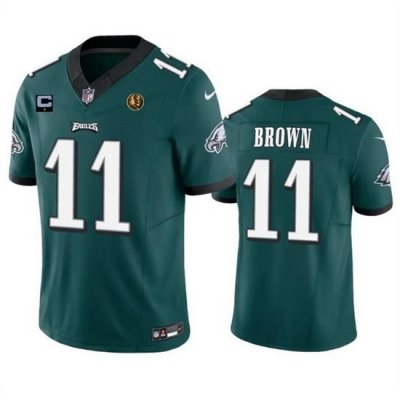 Men Philadelphia Eagles 11 A  J  Brown Green 2023 F U S E  With 1 Star C Patch And John Madden Patch Vapor Limited Stitched Football Jersey