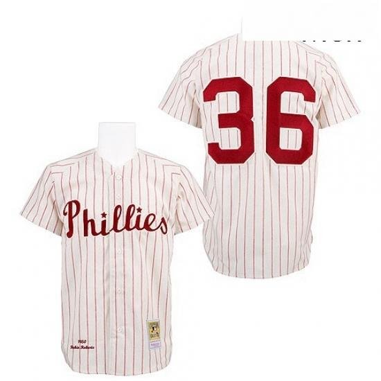 Mens Mitchell and Ness Philadelphia Phillies 36 Robin Roberts Replica WhiteRed Strip Throwback MLB Jersey