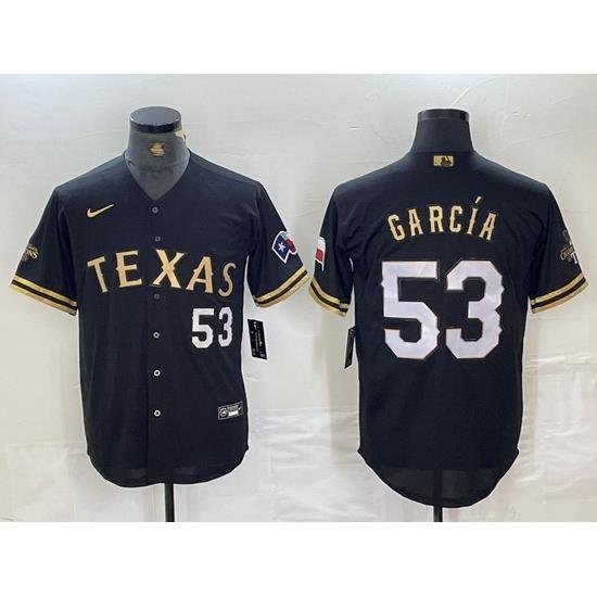 Men Texas Rangers 53 Adolis Garcia Black Gold Cool Base Stitched Baseball Jersey