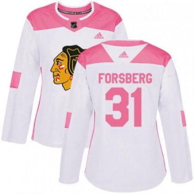 Womens Adidas Chicago Blackhawks 31 Anton Forsberg Authentic WhitePink Fashion NHL Jersey