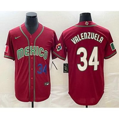 Men's Mexico Baseball #34 Fernando Valenzuela Number 2023 Red Blue World Baseball Classic Stitched Jersey