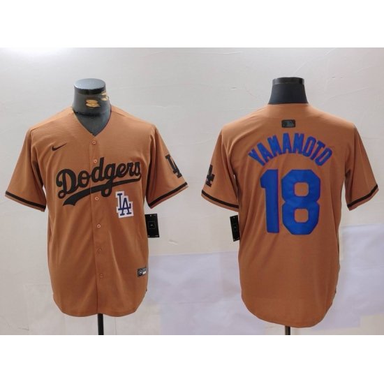 Men Los Angeles Dodgers 18 Yoshinobu Yamamoto Brown Cool Base Stitched Baseball Jersey 3