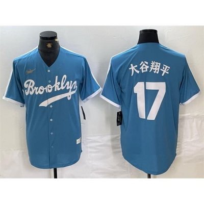 Men Los Angeles Dodgers 17  Shohei Ohtani Light Blue ThroWback Cool Base Stitched Baseball Jersey