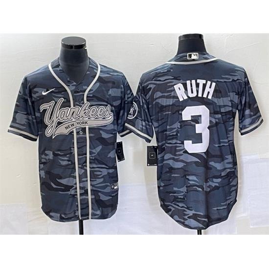 Men NeW York Yankees 3 Babe Ruth Gray Camo With Patch Cool Base Stitched Baseball Jersey