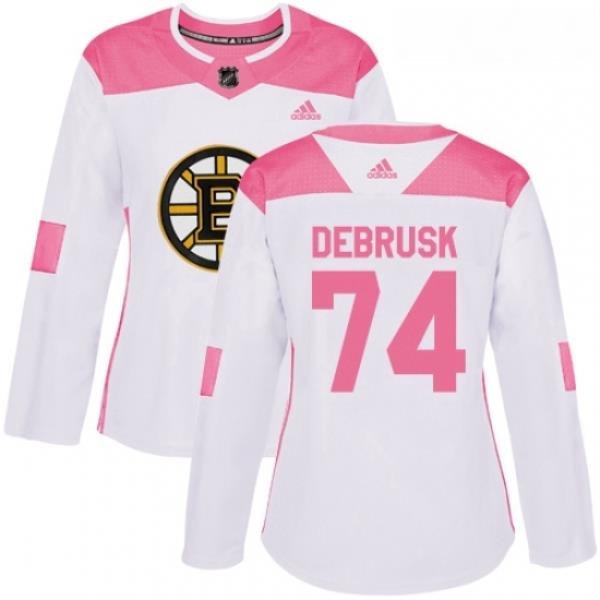 Womens Adidas Boston Bruins 74 Jake DeBrusk Authentic WhitePink Fashion NHL Jersey