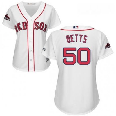 Womens Majestic Boston Red Sox 50 Mookie Betts Authentic White Home 2018 World Series Champions MLB Jersey