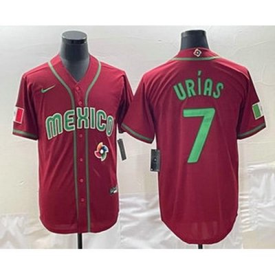 Men's Mexico Baseball #7 Julio Urias 2023 Red Green World Baseball Classic Stitched Jersey