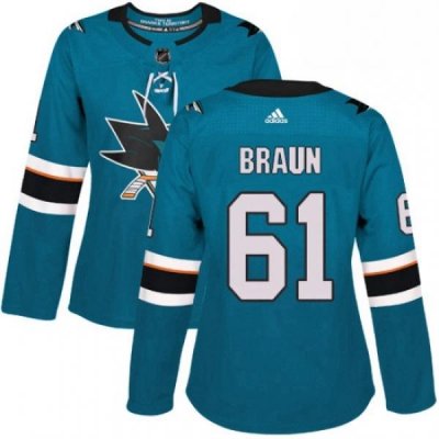 Womens Adidas San Jose Sharks 61 Justin Braun Premier Teal Green Home NHL Jersey