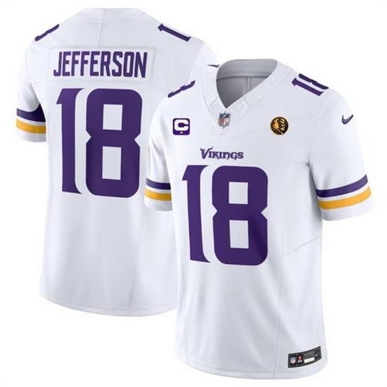 Men Minnesota Vikings 18 Justin Jefferson White 2023 F U S E  With 1 Star C Patch And John Madden Patch Vapor Limited Stitched Football Jersey