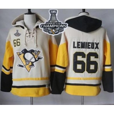 Men Pittsburgh Penguins 66 Mario Lemieux Cream Gold Sawyer Hooded Sweatshirt 2017 Stanley Cup Finals Champions Stitched NHL Jersey