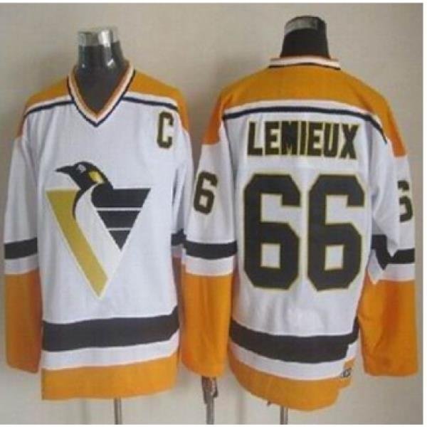 Pittsburgh Penguins #66 Mario Lemieux White Yellow CCM Throwback Stitched NHL Jersey