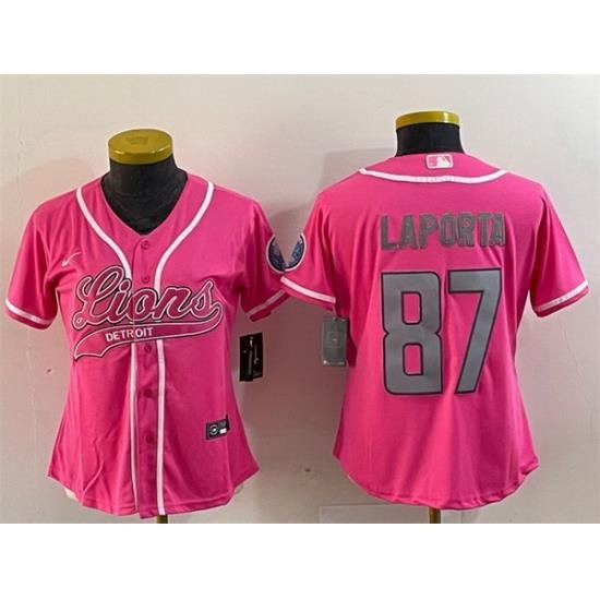 Women Detroit Lions 87 Sam LaPorta Pink With Patch Cool Base Stitched Baseball Jersey