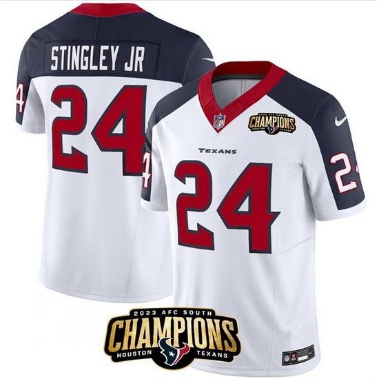 Men Houston Texans 24 Derek Stingley Jr  White Navy 2023 F U S E  With AFC South Champions Patch And Team Logo Patch Limited Stitched Football Jersey