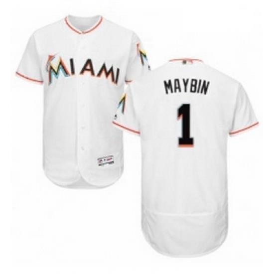 Mens Majestic Miami Marlins 1 Cameron Maybin White Home Flex Base Authentic Collection MLB Jersey