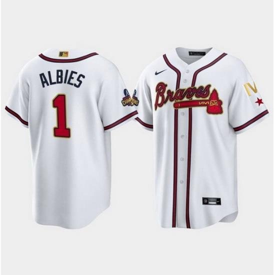 Men Atlanta Braves 1 Ozzie Albies 2022 White Gold World Series Champions Program Cool Base Stitched Baseball jersey