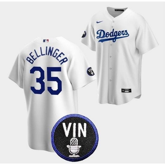 Men Los Angeles Dodgers 35 Cody Bellinger 2022 White Vin Scully Patch Cool Base Stitched Baseball Jersey