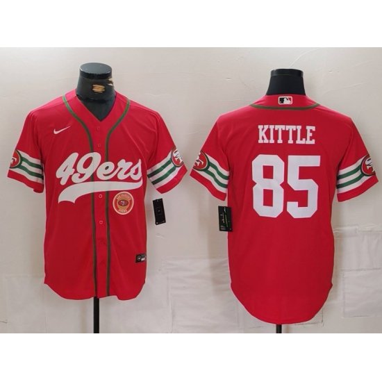 Men San Francisco 49ers 85 George Kittle Red With Patch Cool Base Stitched Baseball Jersey 1