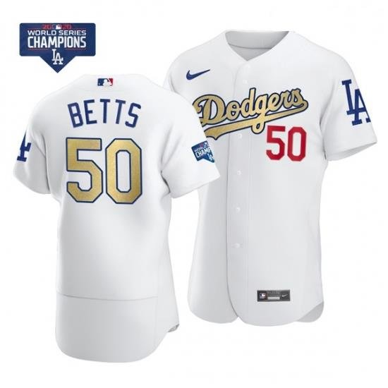 Women Los Angeles Dodgers Mookie Betts 50 Gold Program White Flex Base Stitched Jersey