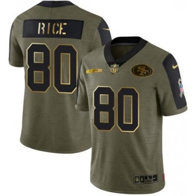 Men San Francisco 49ers 80 Jerry Rice 2021 Olive Camo Salute To Service Golden Limited Stitched Jersey