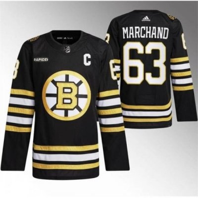 Men Boston Bruins 63 Brad Marchand Black With Rapid7 Patch 100th Anniversary Stitched Jersey