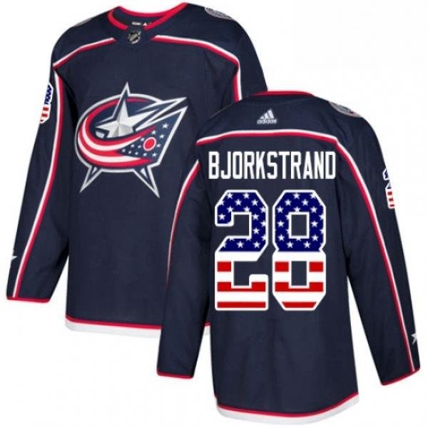 Mens Adidas Columbus Blue Jackets 28 Oliver Bjorkstrand Authentic Navy Blue USA Flag Fashion NHL Jersey